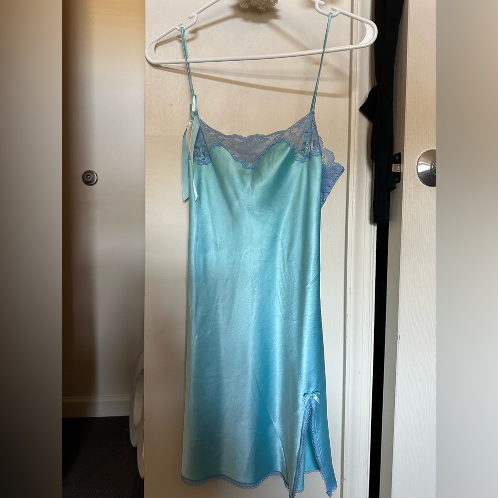 Victoria Secret Angels Light Blue Slip Dress, Y2K 2000’s Satin Babydoll Slip